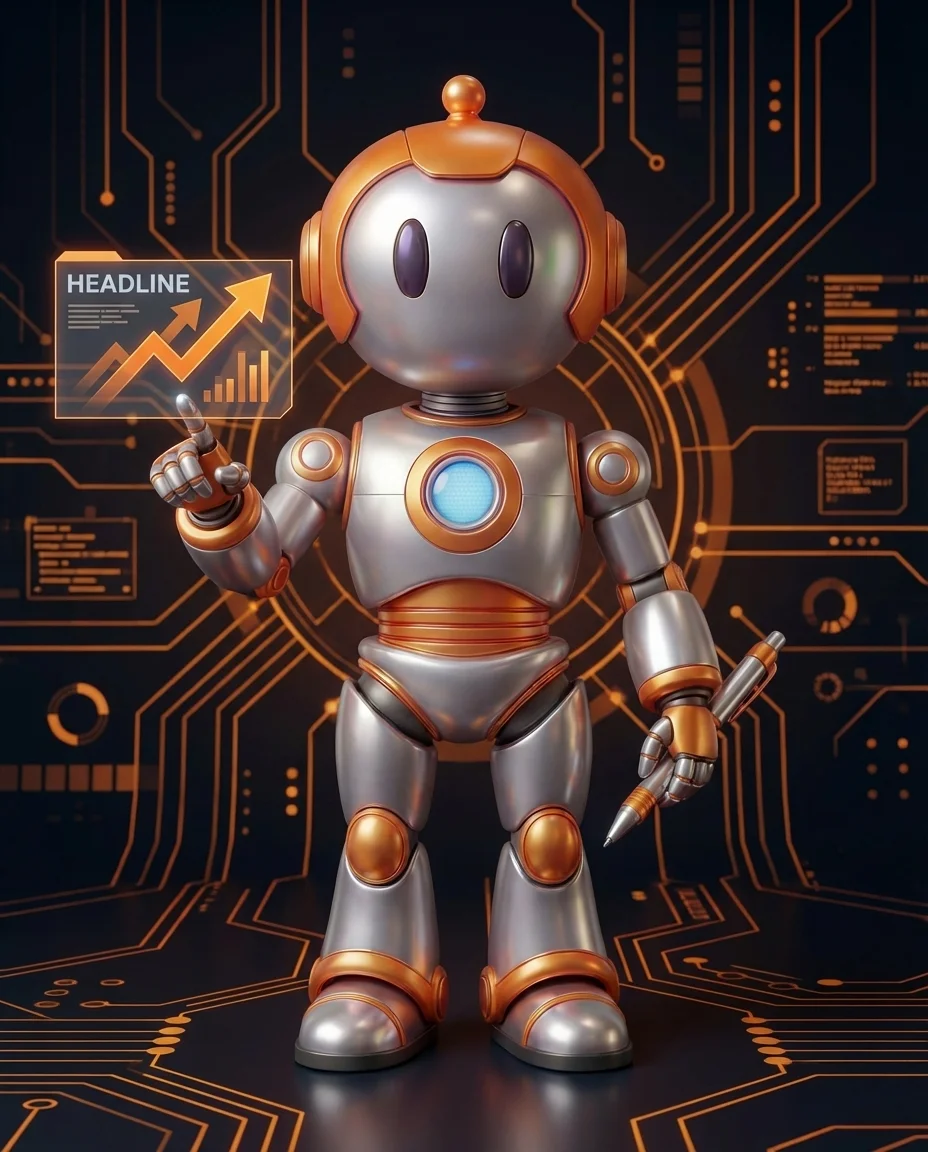 Roboter schreibt kraftvolle Überschrift auf Bildschirm mit hoher Klickrate