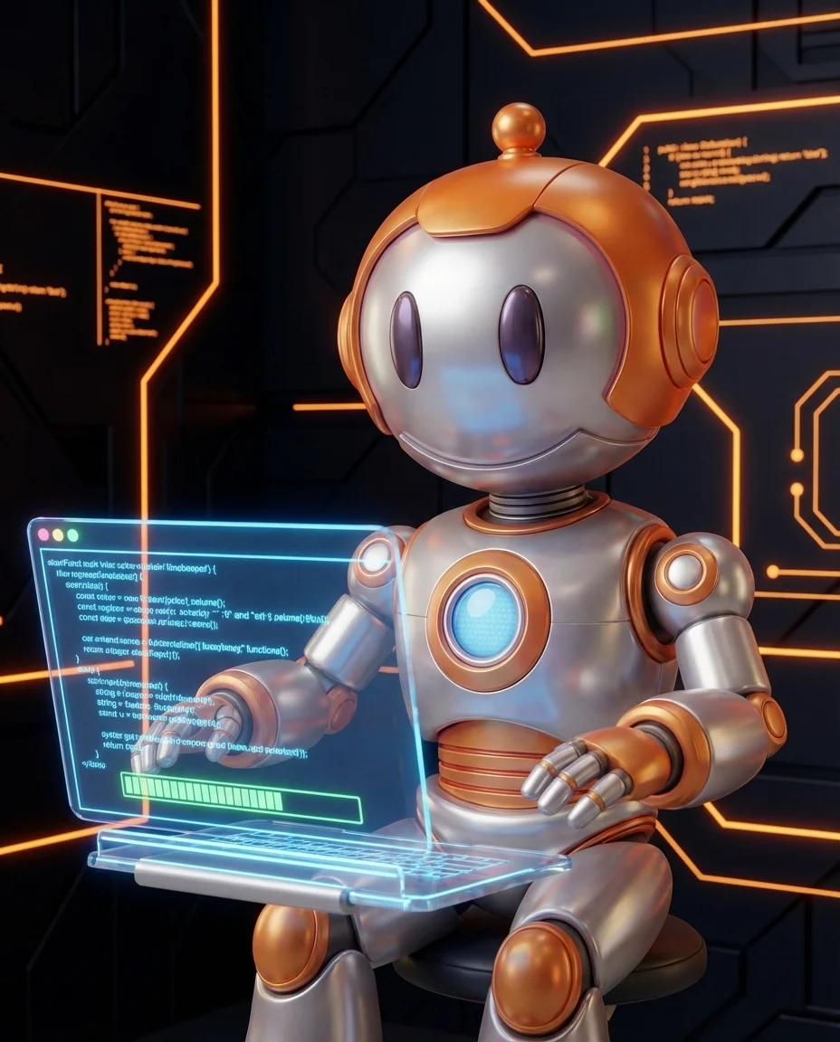 Robot tippt auf Tastatur mit Haken-Symbol und Codezeilen als Unit-Test-Darstellung