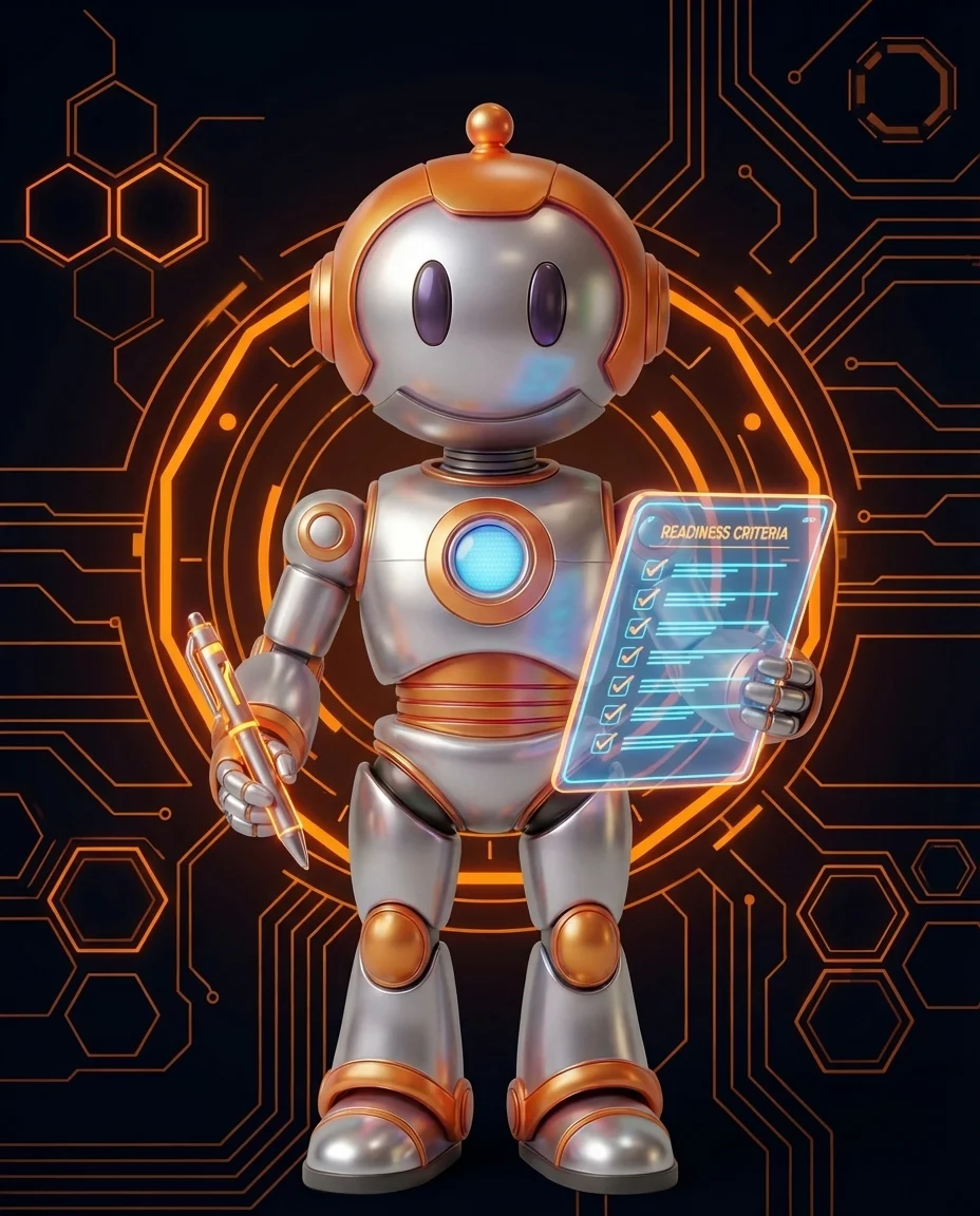 Roboter prüft mit Checkliste den digitalen Reifegrad eines Unternehmens