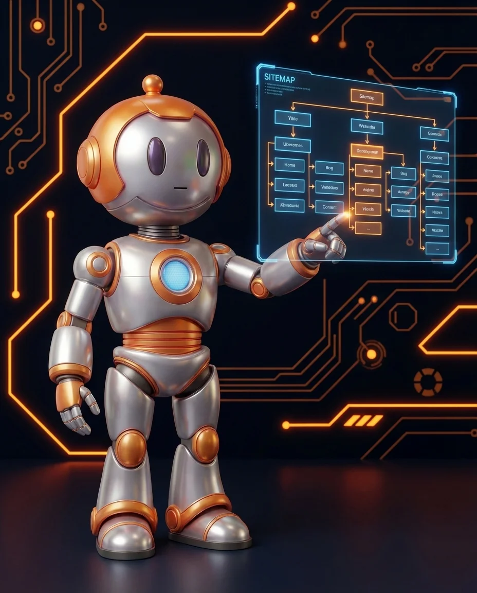 Roboter zeigt auf Sitemap-Struktur mit Unterseiten für Unternehmenswebsite