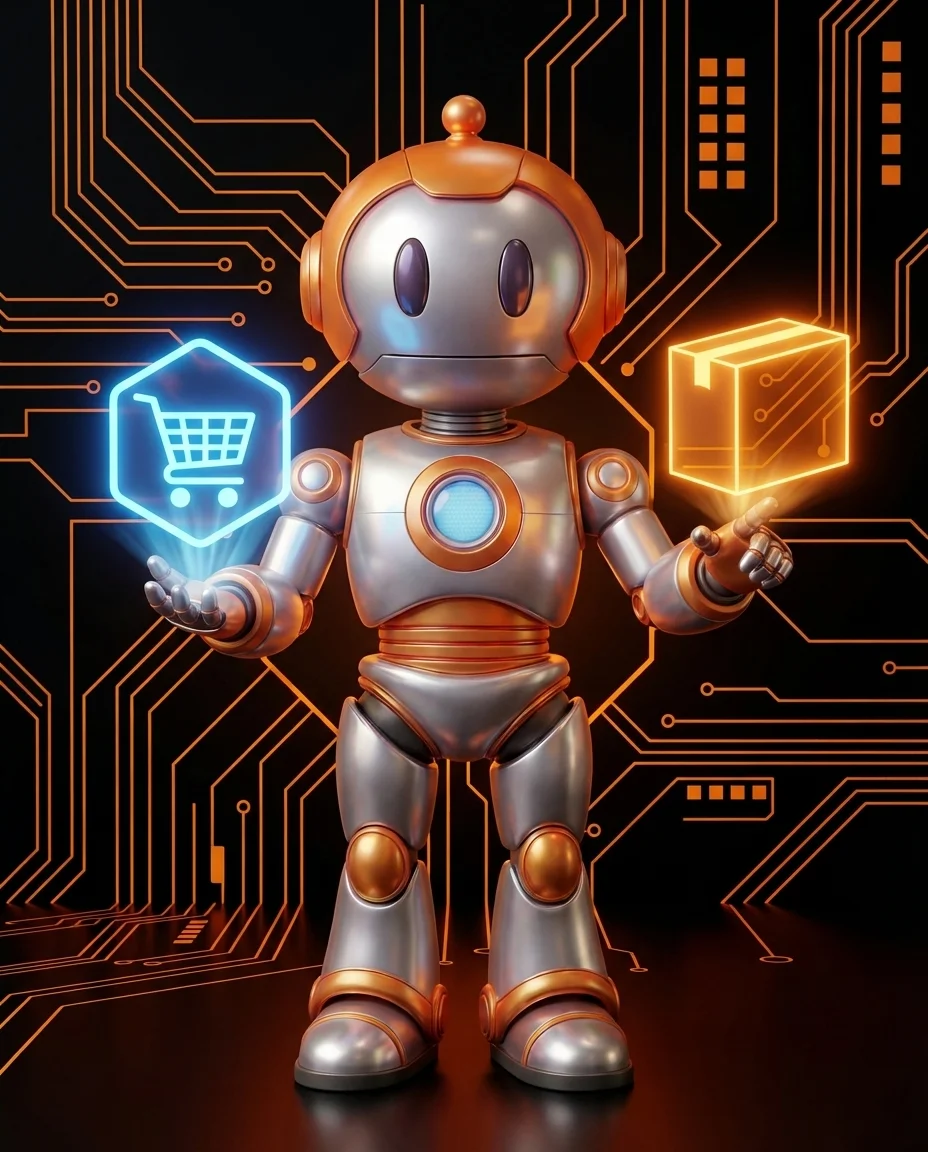 Robot zeigt auf zwei Produkte unterschiedlicher Qualität mit Aufwärtspfeil