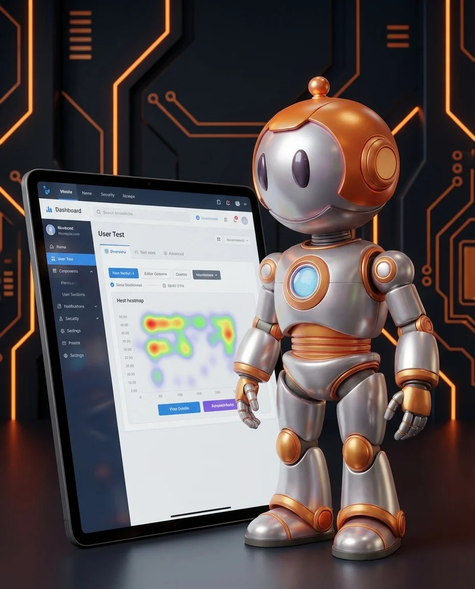 Robot beobachtet Nutzer beim Testen einer Website im Usability-Test