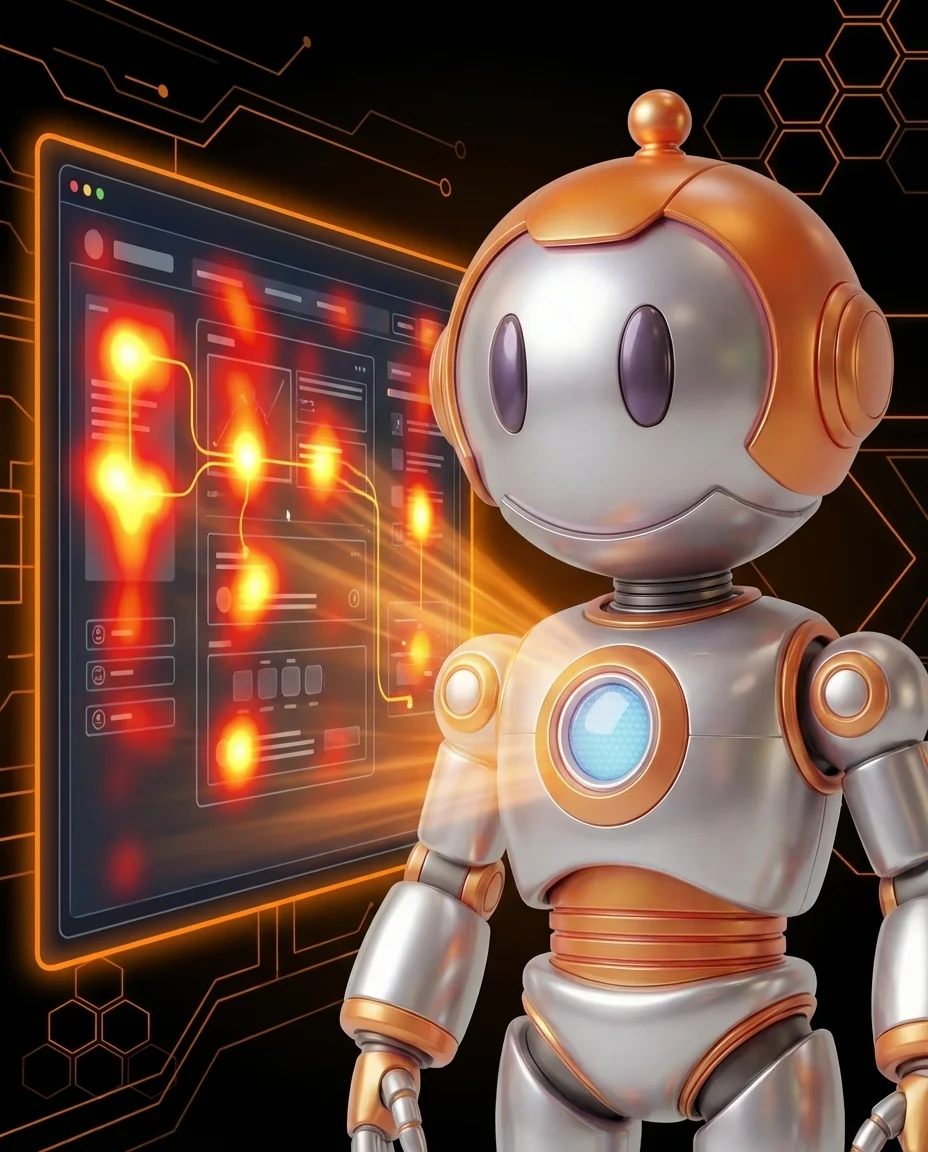 Robot analysiert Nutzerfluss und UX-Probleme auf Website-Heatmap