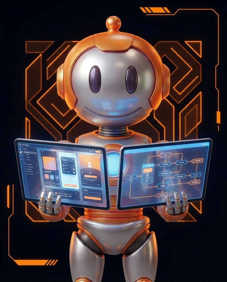 Roboter erklärt UX und UI Design Unterschied mit zwei Bildschirmen