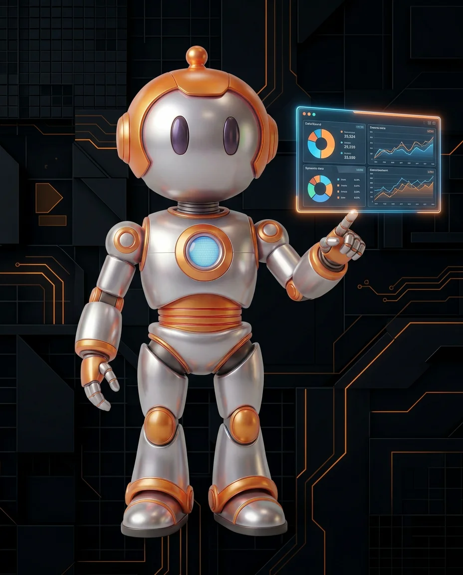 Robot hält leuchtendes Netzwerk-Diagramm mit verbundenen Datenpunkten