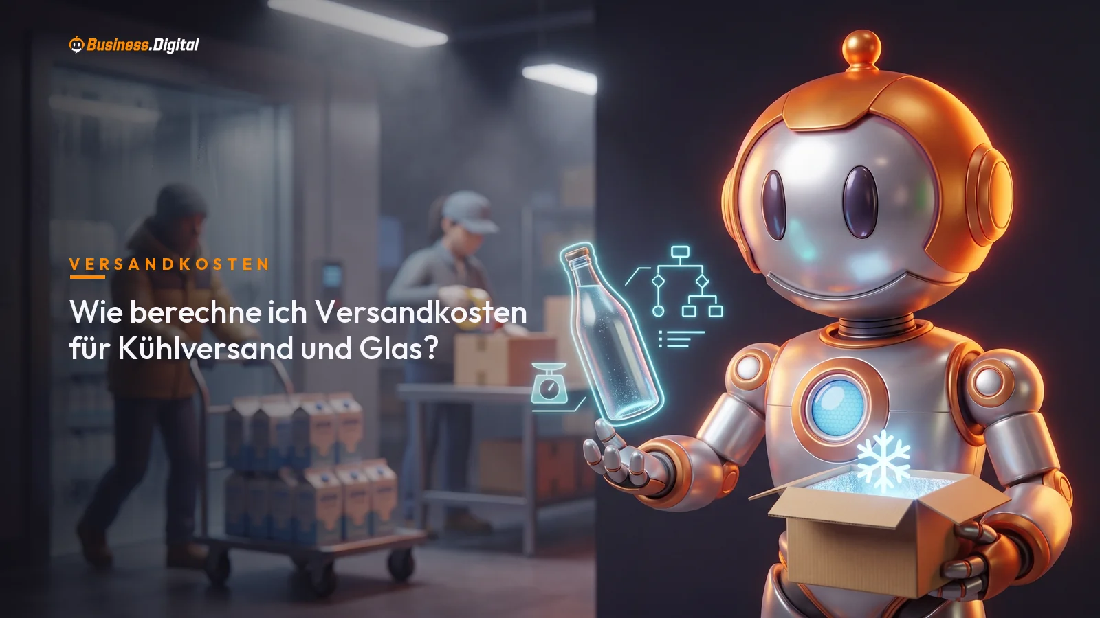 Roboter hält Kühlbox und Glasflasche, daneben Waage-Symbol für Versandkosten bei Kühlversand