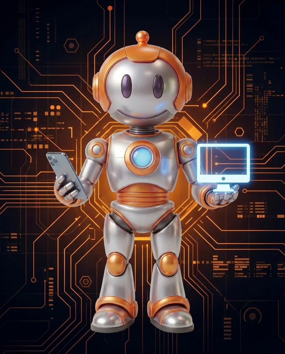 Robot hält Smartphone und Desktop-Monitor nebeneinander mit markierten Viewport-Bereichen