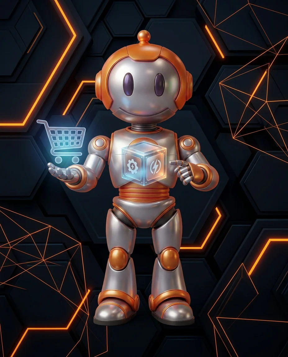 Robot hält Gutschein und Preisschild für Onlineshop Voucher System