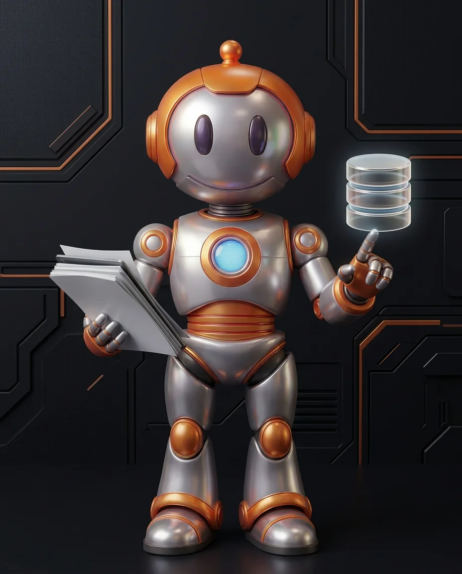 Robot hält Paket mit Pfeil nach außen als Symbol für Warenausgang und Versand