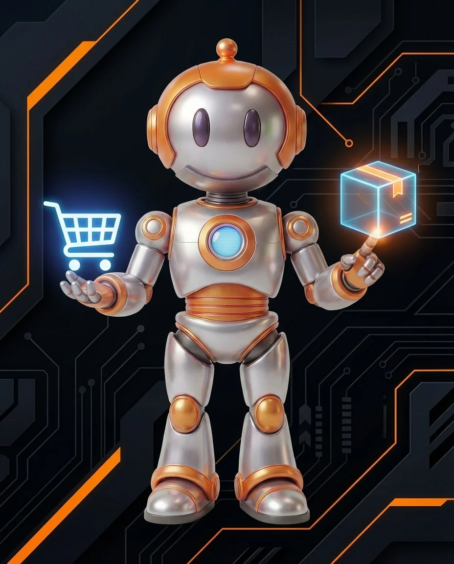 Robot schaut auf einen halb gefüllten Einkaufswagen mit Fragezeichen