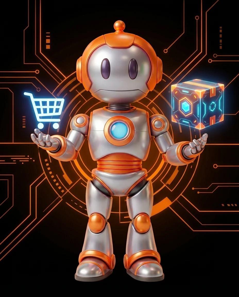 Robot verbessert Einkaufswagen-Darstellung mit Optimierungssymbolen und Aufwärtspfeil