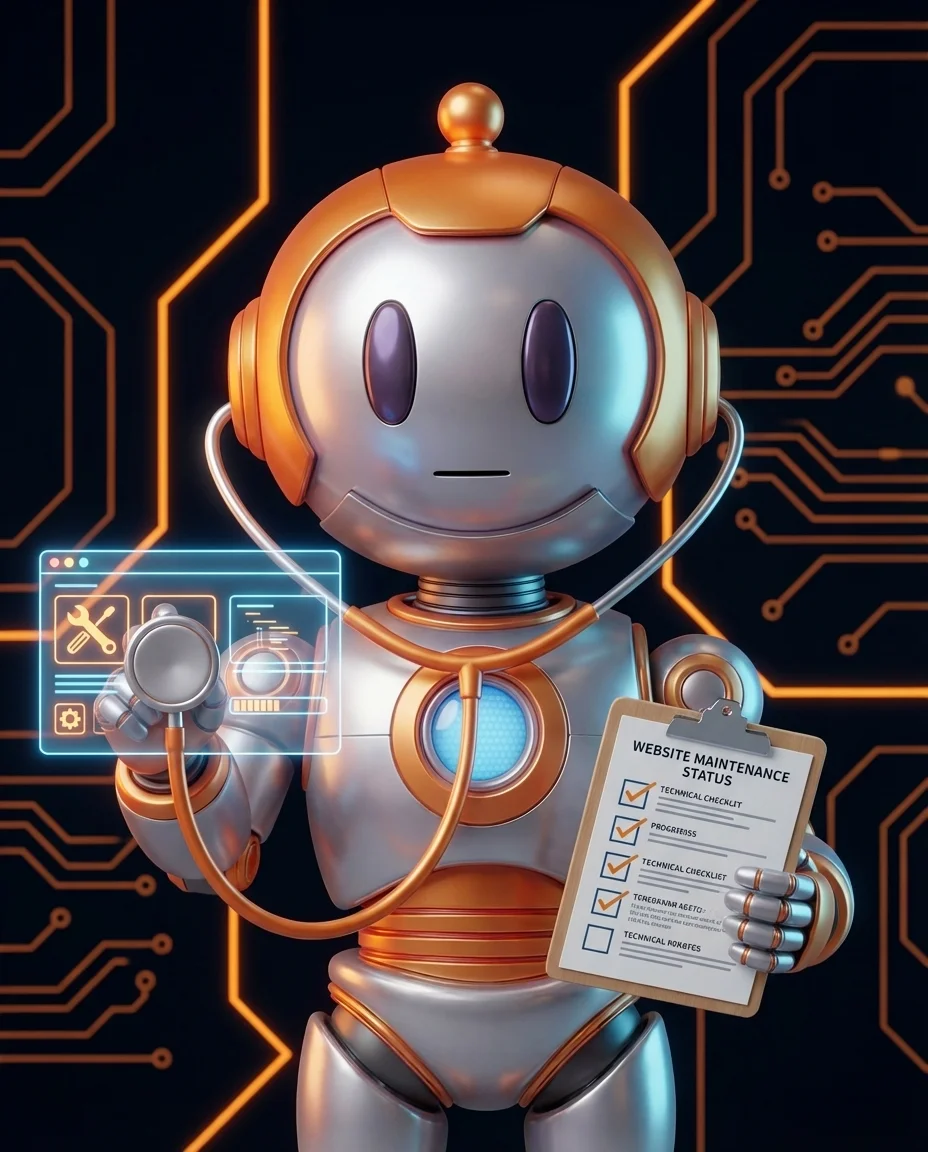 Robot hält Stethoskop und prüft Website-Wartungsstatus für Wartungsvertrag