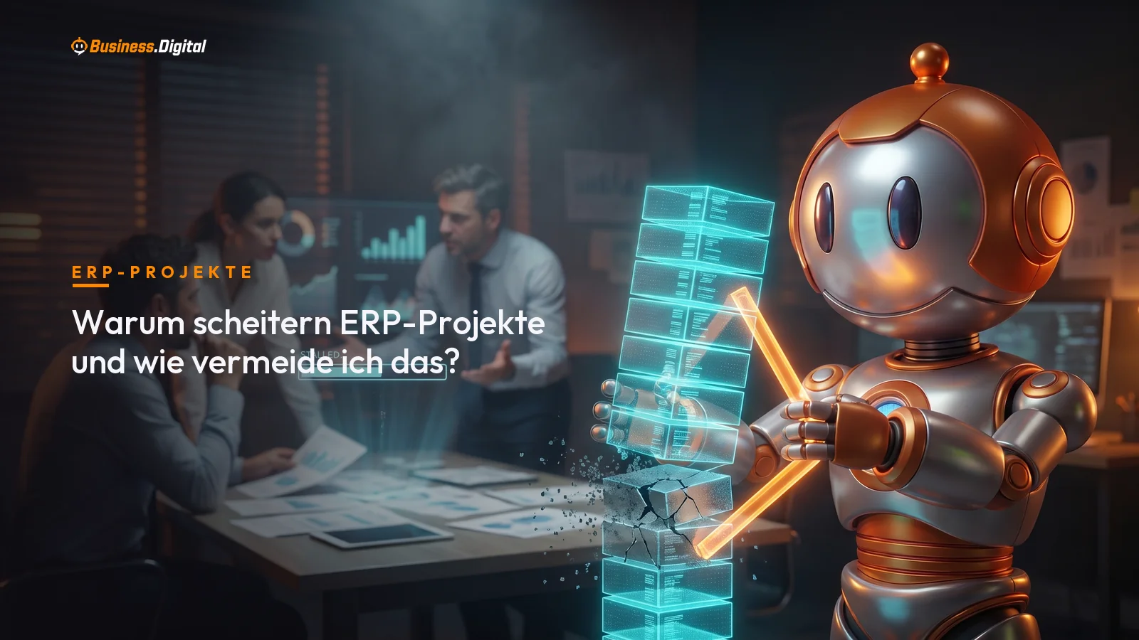 Roboter stützt einen kippenden Turm aus Prozessblöcken – warum ERP-Projekte scheitern
