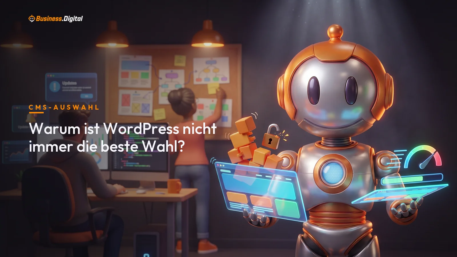 Roboter vergleicht eine überladene WordPress-Seite mit einer schlanken Unternehmenswebsite