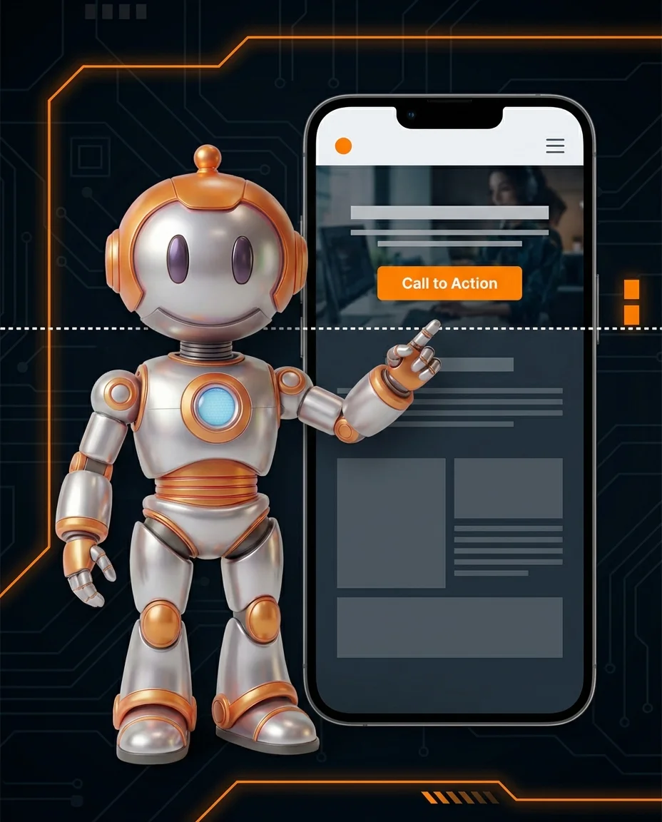 BD-Roboter zeigt Above the Fold Bereich einer Website mit Call-to-Action
