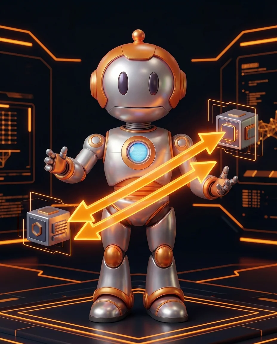 BD-Roboter zeigt Datenpfeile in beide Richtungen zwischen Shop und ERP-System