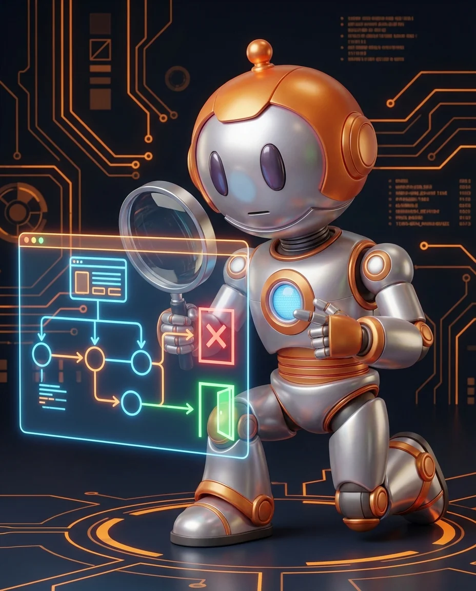 BD-Roboter inspiziert Website-Architektur mit Lupe auf Crawling-Fehlern