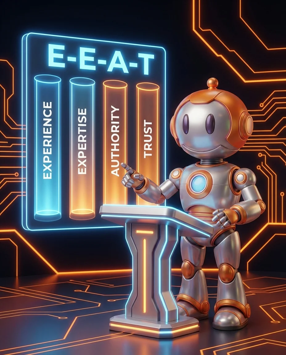 BD-Roboter präsentiert E-E-A-T Qualitätsrahmen auf einer Tafel mit vier Säulen