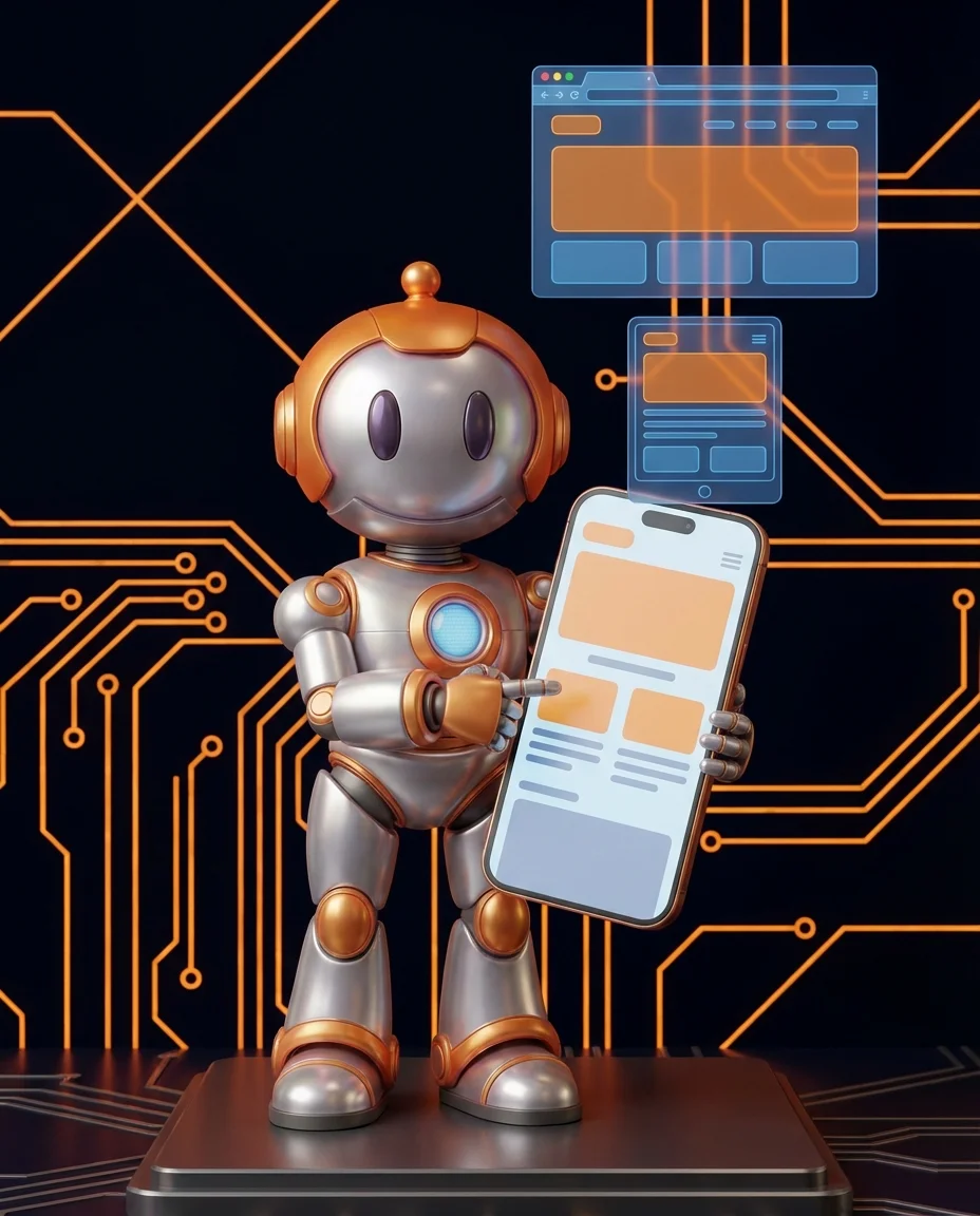 BD-Roboter erklärt Mobile First Design mit Smartphone und verschiedenen Bildschirmgrößen