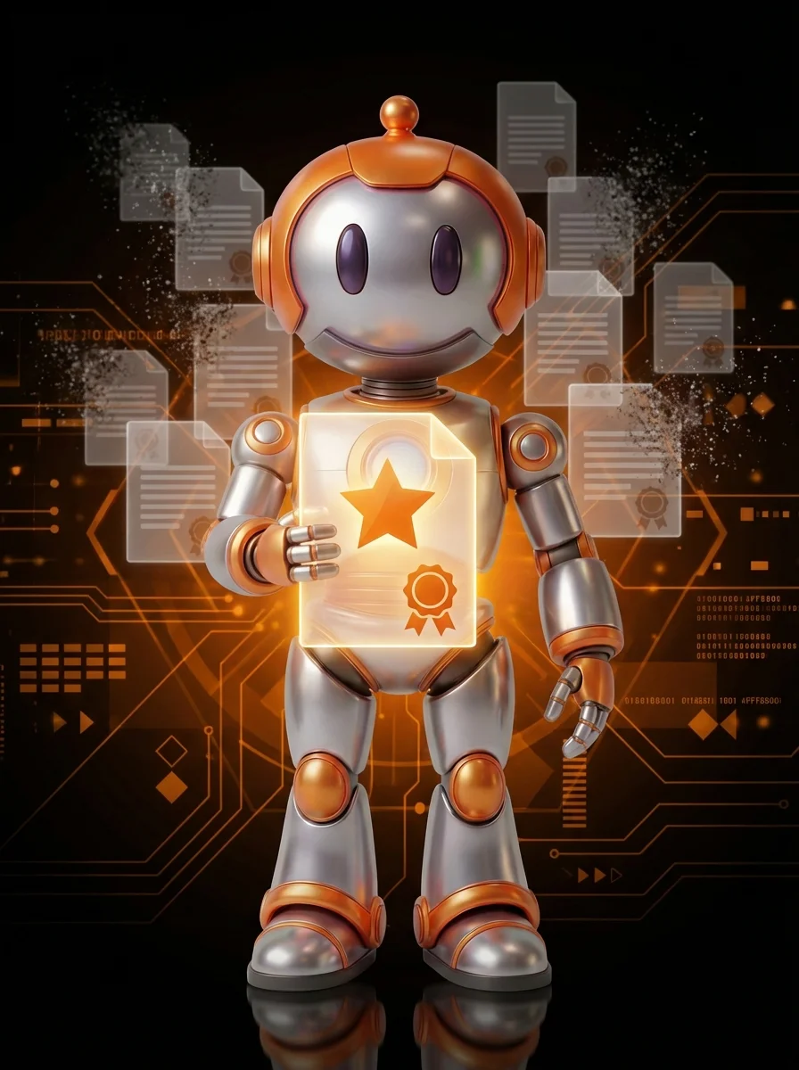 BD-Roboter hält einzigartiges Dokument als Symbol für Unique Content