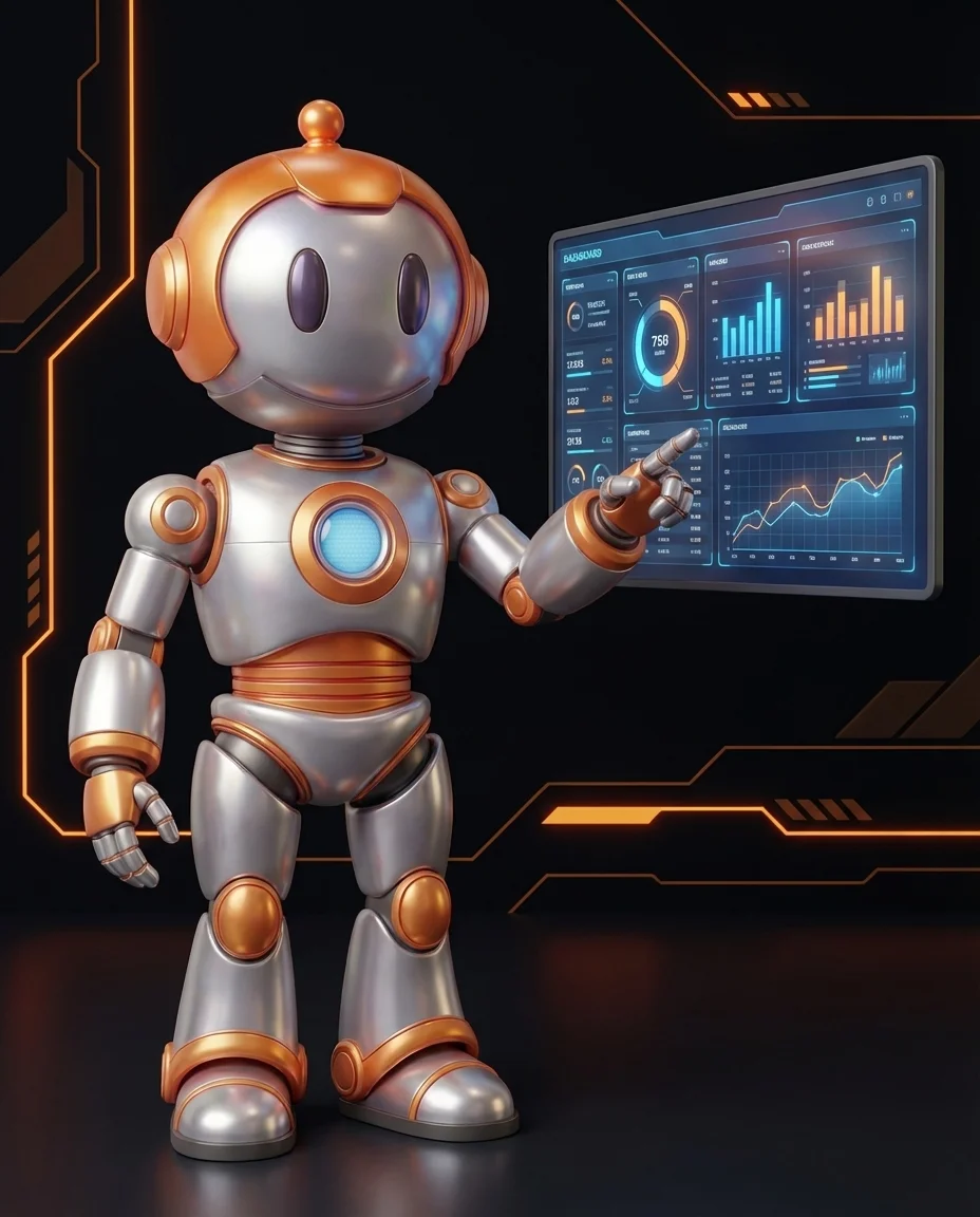 Robot zeigt auf parallele Verarbeitungs-Diagramm mit Hauptprozess und asynchronem Hintergrundprozess