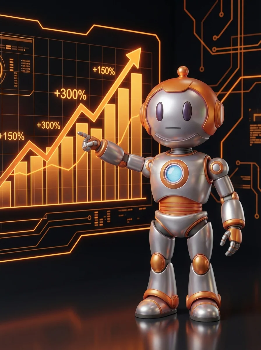 BD-Roboter zeigt steigende Conversion-Rate-Kurve auf Analyse-Dashboard