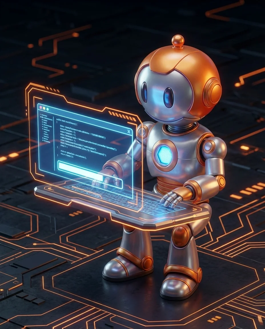 Robot zeigt auf Transformations-Pipeline mit Eingabe-Format und umgewandeltem Ausgabe-Format