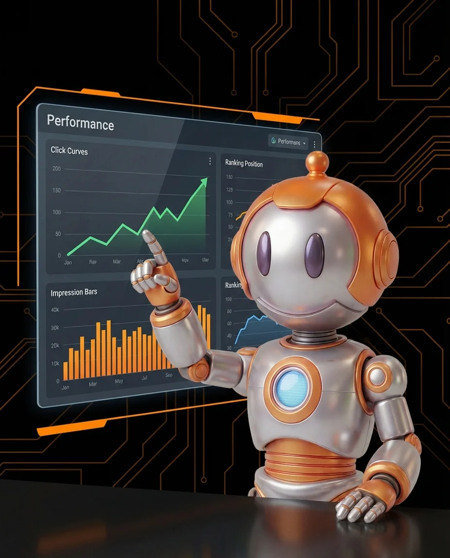 Robot schaut auf Dashboard der Google Search Console mit Klick- und Impression-Diagrammen