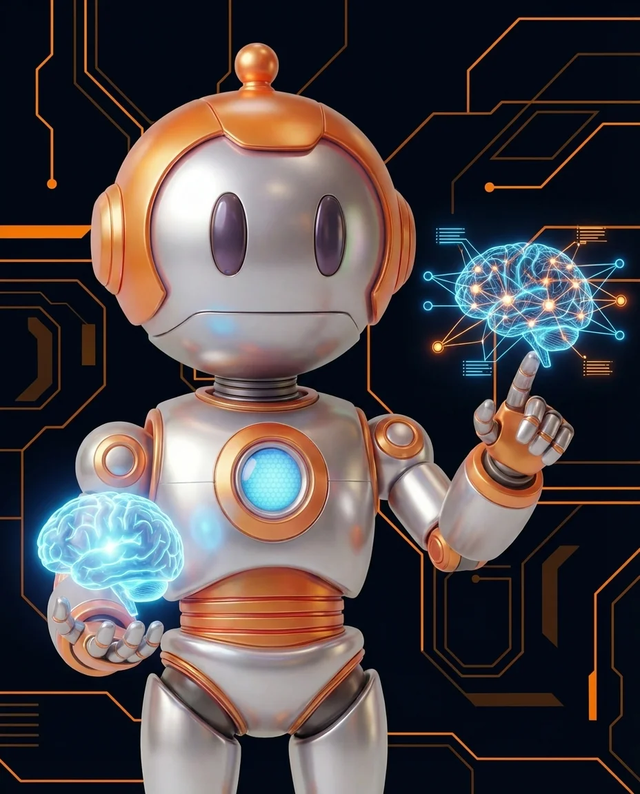 Robot hält Token-Schlüssel und zeigt auf API-Authentifizierungs-Diagramm