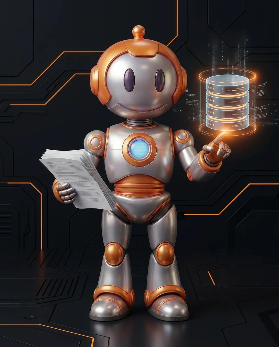 Robot zeigt auf Stapel-Verarbeitungs-Diagramm mit gruppierten Datenpaketen