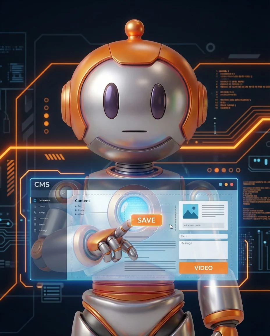 BD-Roboter erklärt CMS mit Website-Editor-Dashboard auf Bildschirm