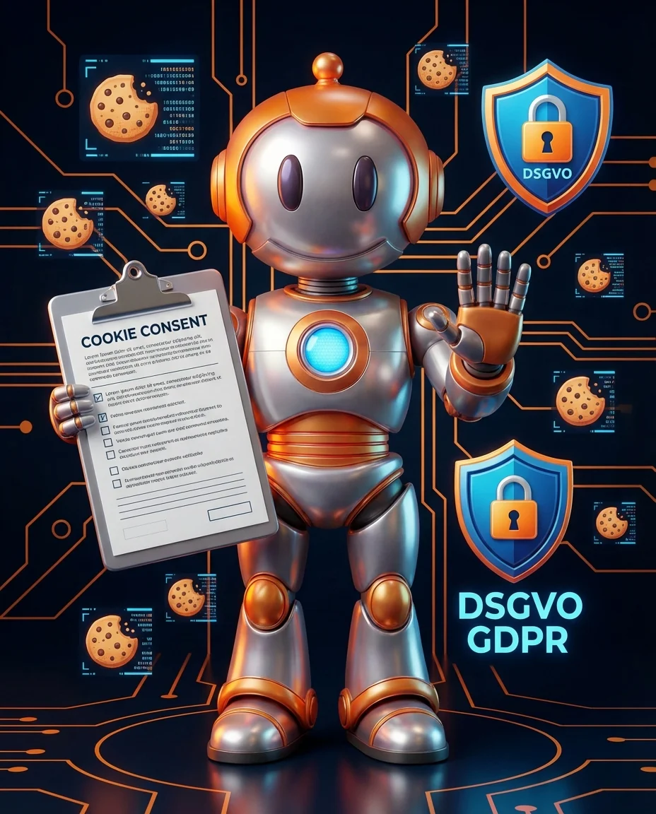 BD-Roboter mit DSGVO-Schild und Cookie-Einwilligungs-Banner