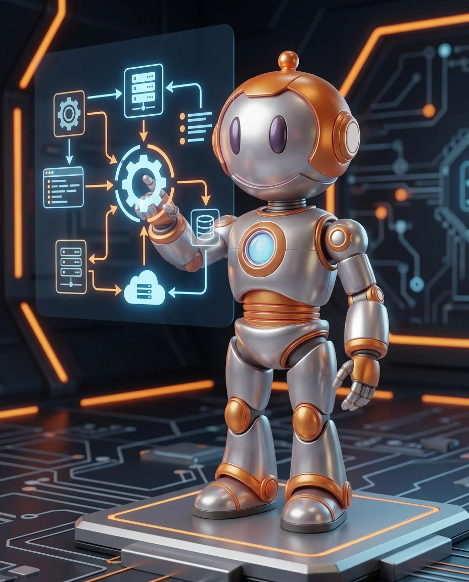 Robot zeigt auf Entscheidungsdiagramm mit Hauptpfad und Fallback-Route bei Fehler