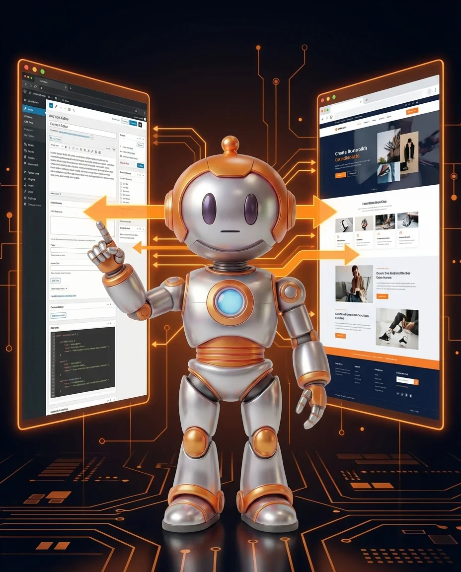 BD-Roboter erklärt Headless CMS Architektur mit Backend- und Frontend-Verbindung