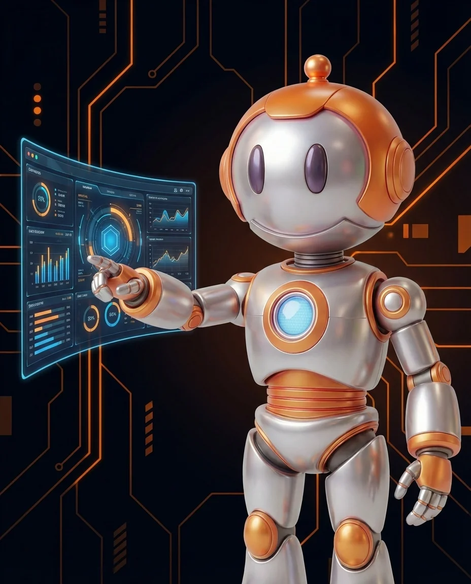 Robot zeigt auf Hub-Diagramm mit zentralem Knotenpunkt verbunden mit mehreren Systemen