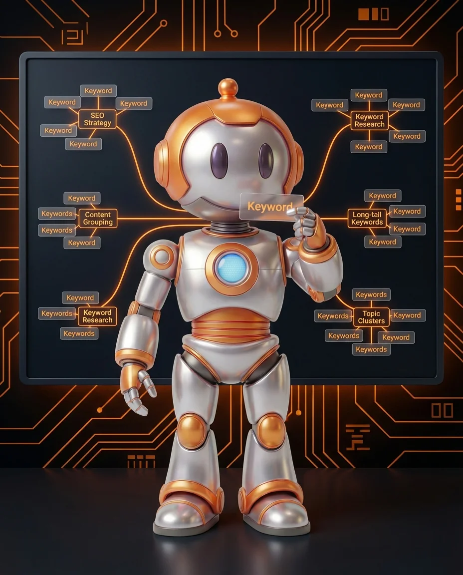 BD-Roboter clustert Keywords in Gruppen auf einer Mindmap-Tafel