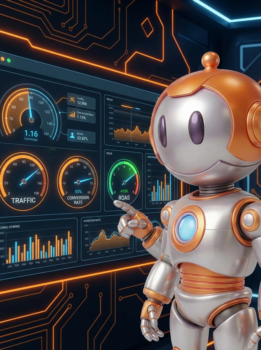 BD-Roboter analysiert KPI-Dashboard mit Kennzahlen für digitalen Projekterfolg