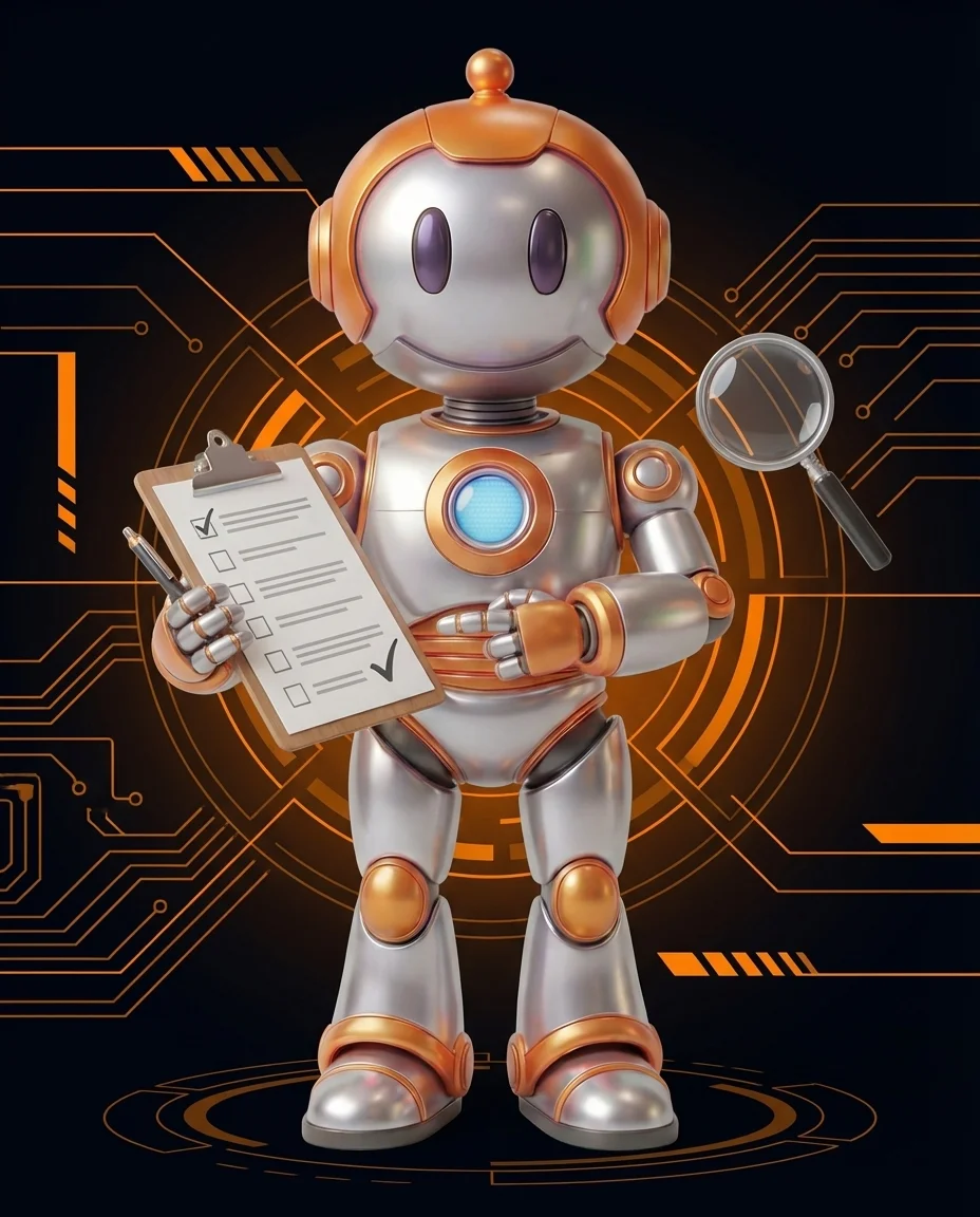 Robot analysiert Server-Logdateien auf Laptop mit Crawling-Frequenz-Diagramm