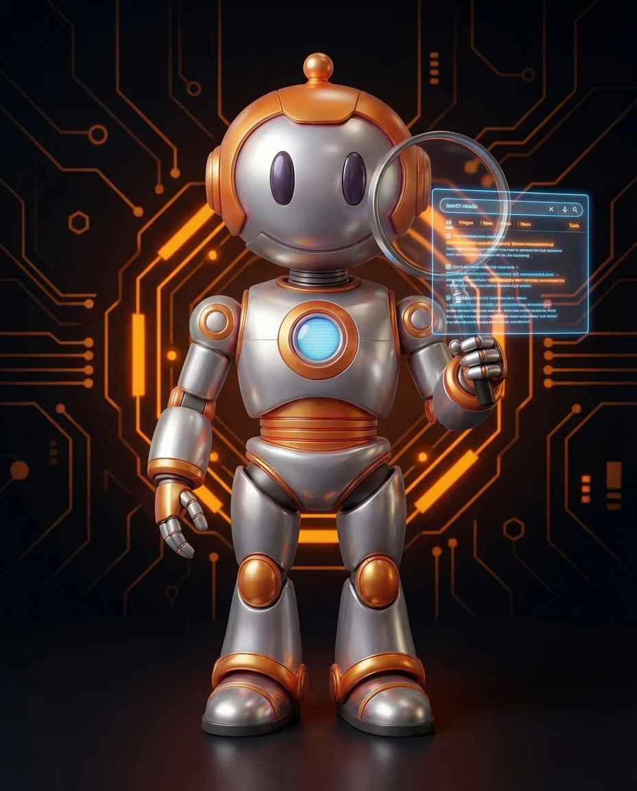 Robot hält Lupe über Diagramm mit verschiedenen SEO-Ranking-Faktoren