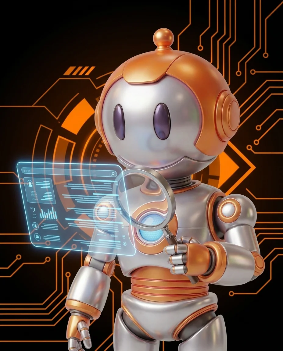 Robot zeigt auf kreisförmiges Weiterleitungsdiagramm mit Fehlermeldung