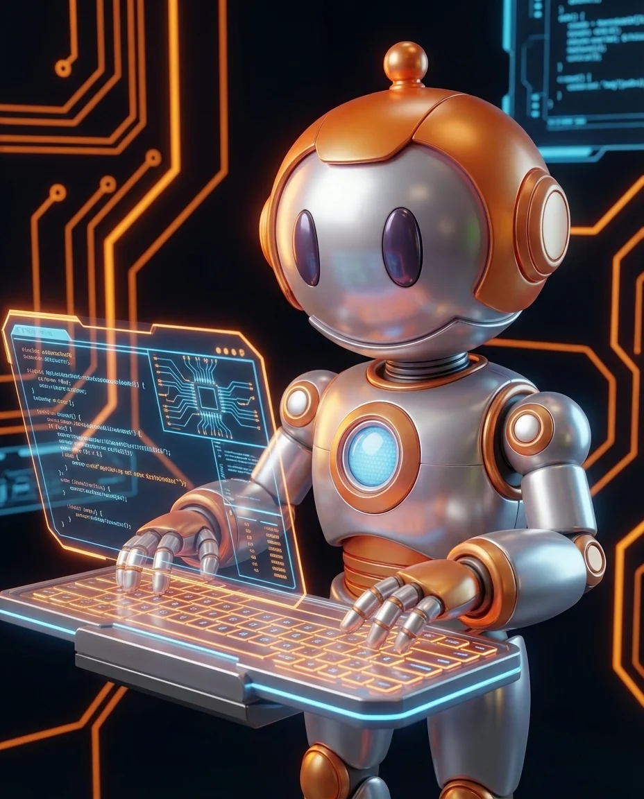 Robot analysiert Laptop mit JavaScript-Code und leerer Seite für Googlebot