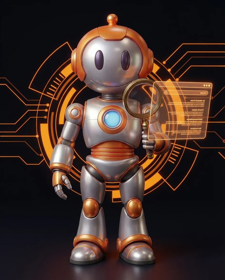 Robot zeigt auf erweitertes Google-Suchergebnis mit Sternebewertung und Preis