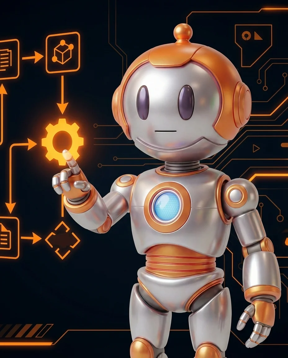 Robot zeigt auf Uhr mit geplanten Automation-Aufgaben in einem Zeitplan-Dashboard