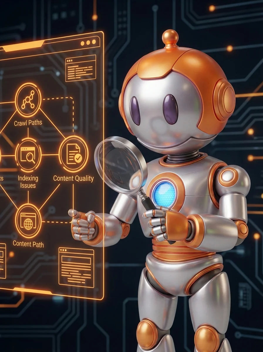 BD-Roboter führt technisches SEO-Audit mit Crawling und Content-Analyse durch