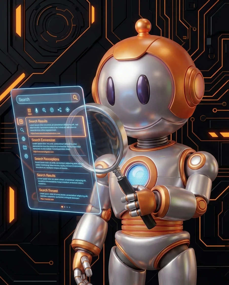 Robot zeigt auf Sitemap-Hierarchie-Diagramm mit Index-Sitemap und Unter-Sitemaps