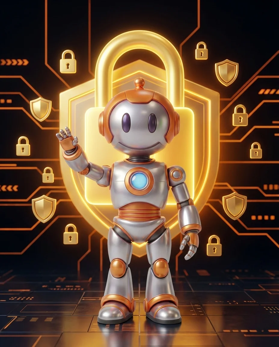 BD-Roboter mit Schutzschild und SSL-Schloss-Symbol für Website-Sicherheit