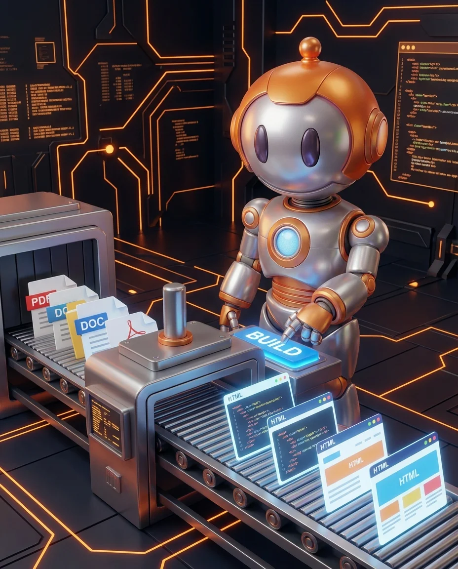 BD-Roboter bedient Static Site Generator Build-Prozess mit HTML-Seiten