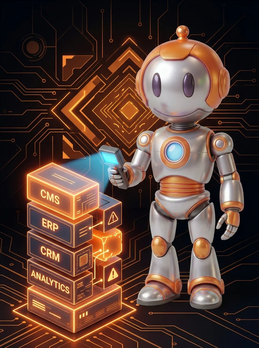 BD-Roboter analysiert Tech-Stack mit CMS, ERP, CRM und Analytics-Systemen