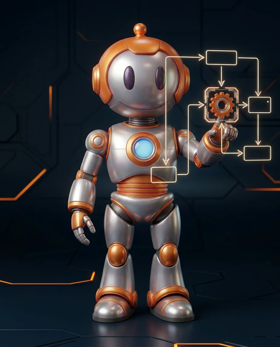 Robot zeigt auf Workflow-Diagramm mit Trigger-Ereignis das eine Automatisierungskette startet