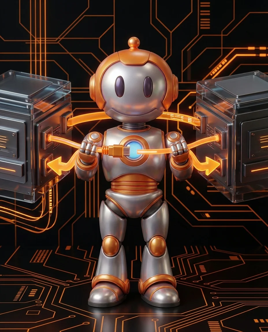 BD-Roboter verbindet zwei Systeme mit API-Schnittstelle und Datenpfeil